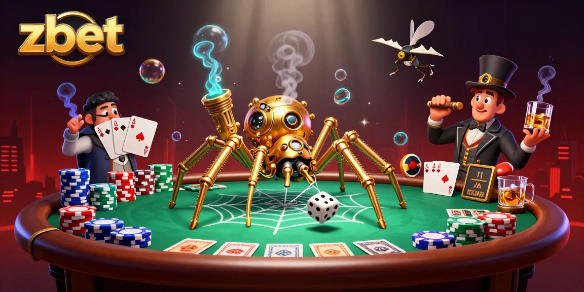 Zbet captures excitement at a steampunk casino scene featuring a spider and poker elements.