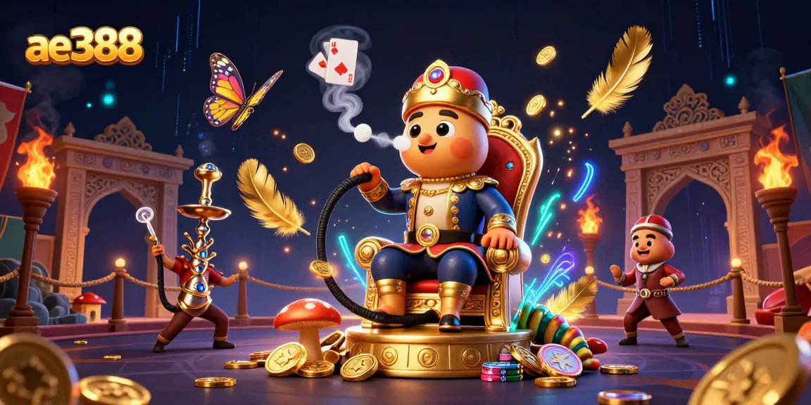 Experience thrilling games at ae388, featuring a magical scene of a sultan caterpillar, poker symbols, and golden coins.