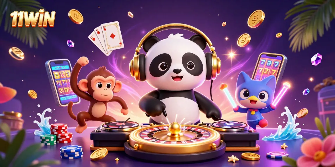 Experience the excitement of 11WIN from a vibrant scene with casino elements, including a DJ panda and glowing visuals.