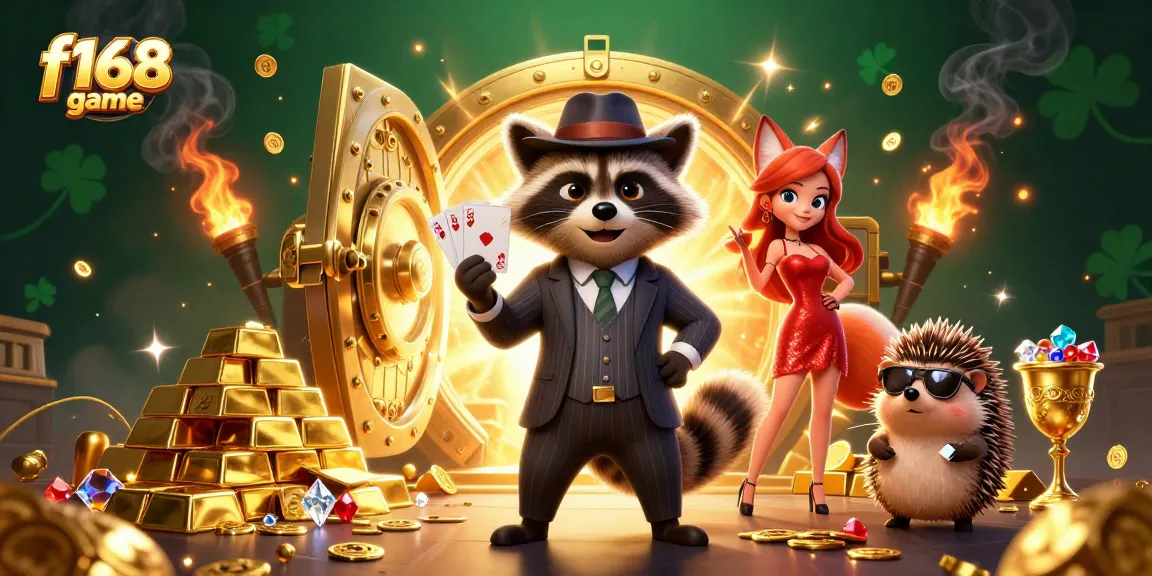 Experience the excitement of the f168 game with a royal flush and treasure in a vibrant casino scene.