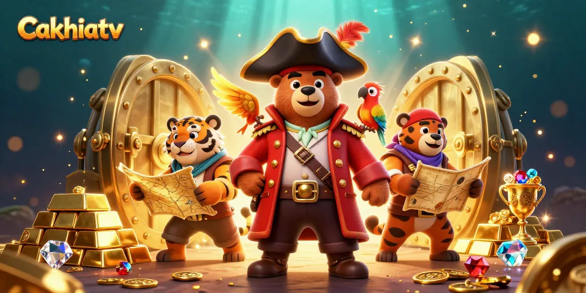 Cakhiatv shows a vibrant casino scene with a pirate captain bear and his tiger first mate exploring treasures, promoting thrilling online gaming.