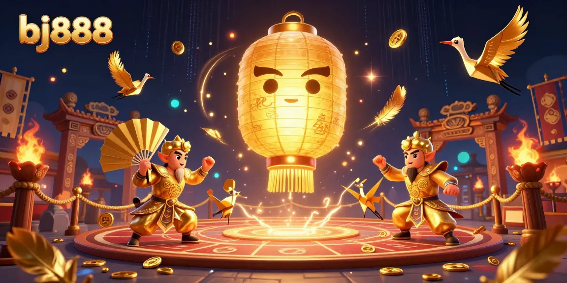 Experience the excitement of bj888 casino with vibrant golden lanterns, warriors, and mystical elements in dynamic action