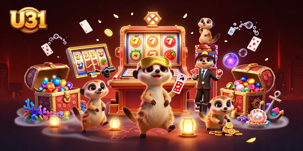 U31 meerkats operating a vibrant casino with slot reels, colorful gems, and dynamic elements.