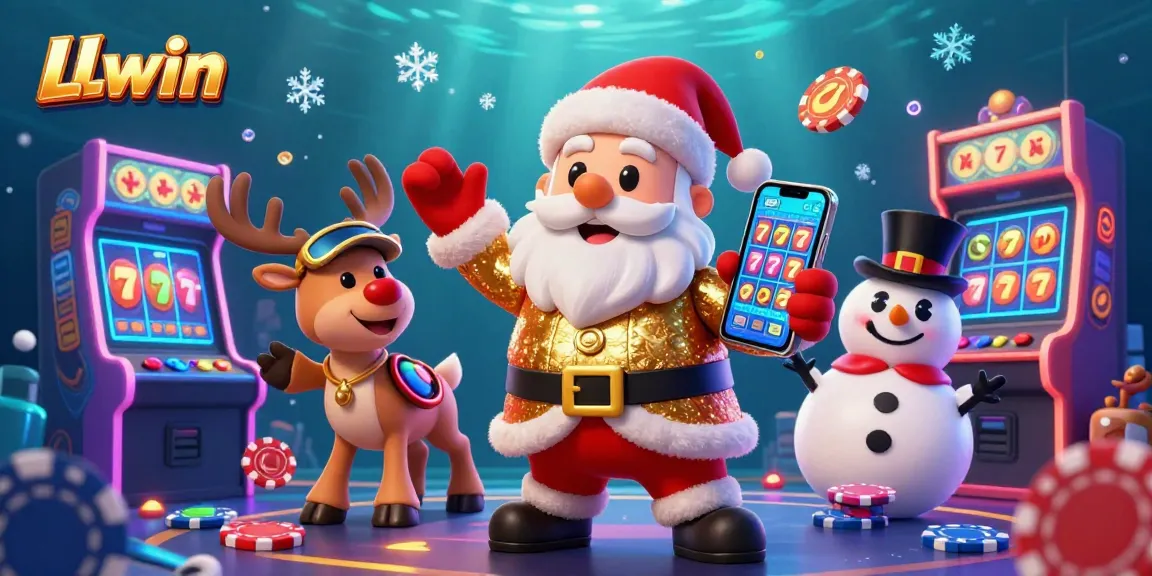 LLwin showcases a festive casino scene with Santa Claus and friends celebrating jackpot slots and colorful arcade vibes.