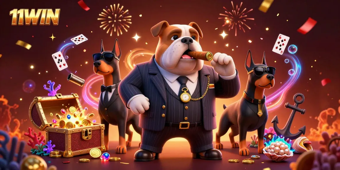 Experience thrilling 11WIN gaming action with a 3D mafia boss and vibrant casino elements.